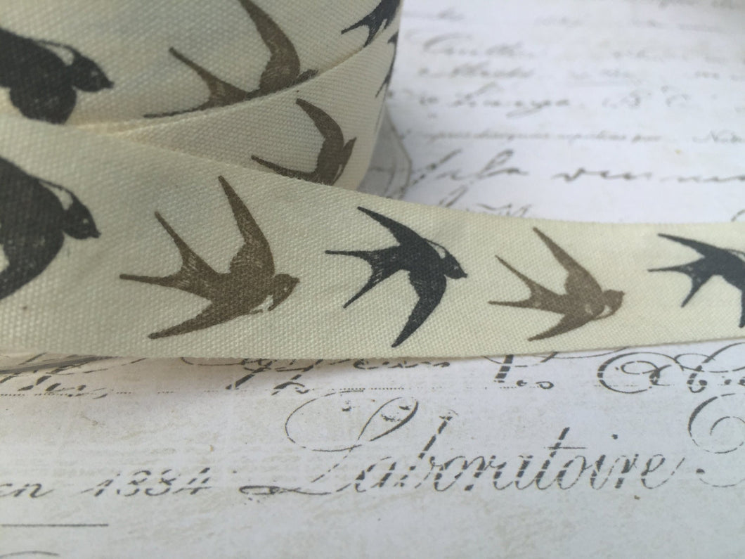 Natural Cotton Canvas 3/4 inch wide printed with Swallows Birds