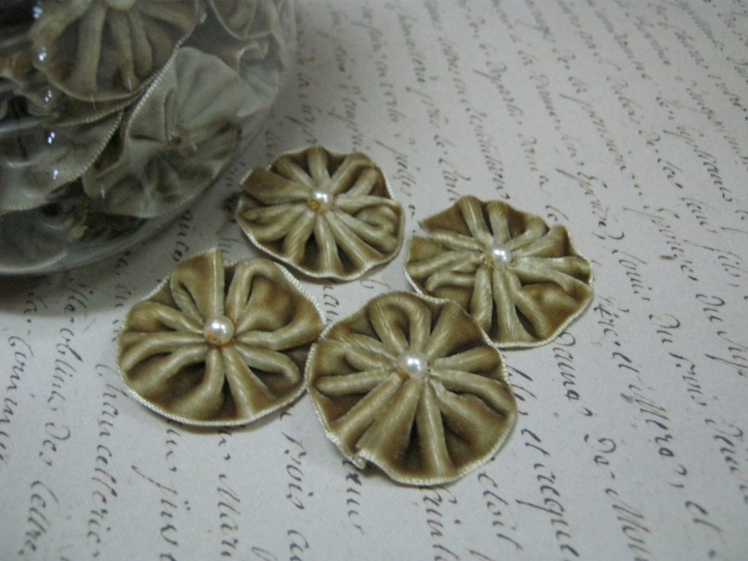 Pleated Velvet Flower Blooms with pearl centers Cafe au Lait