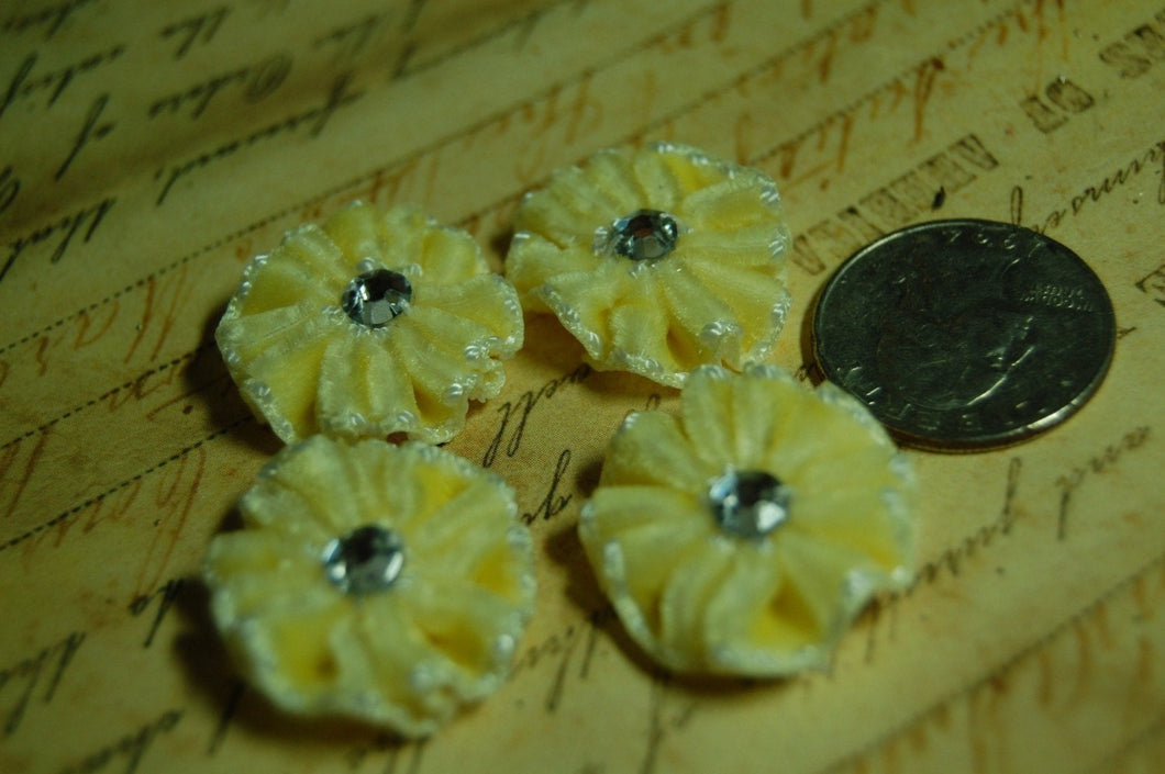 Pleated Velvet Flower Blooms Butter Yellow with Rhinestone centers