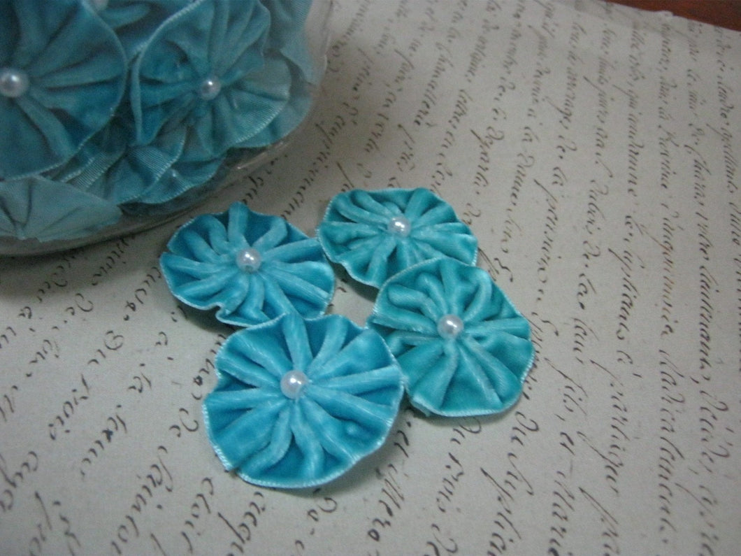 Pleated Velvet Flower Blooms with pearl centers Aquamarine