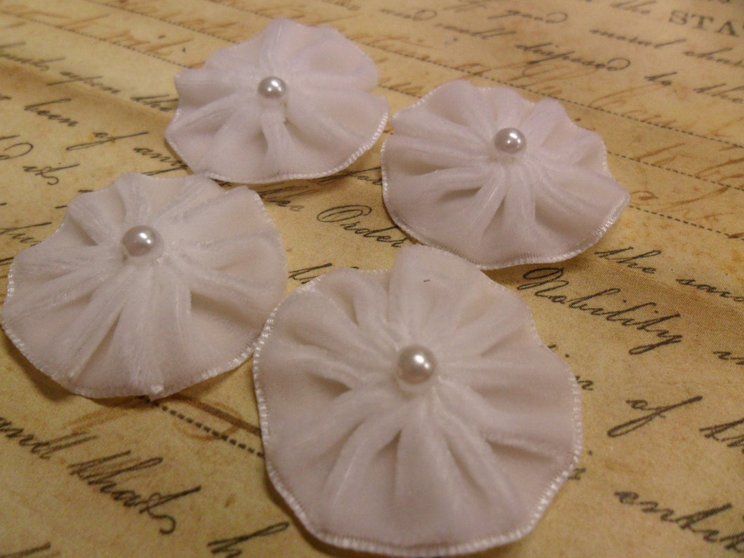 Pleated Velvet Flower Blooms with pearl centers Cloud White