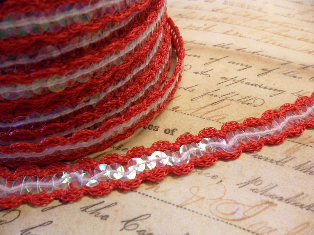 Cherry Red scalloped crochet trim with irridecent sequins