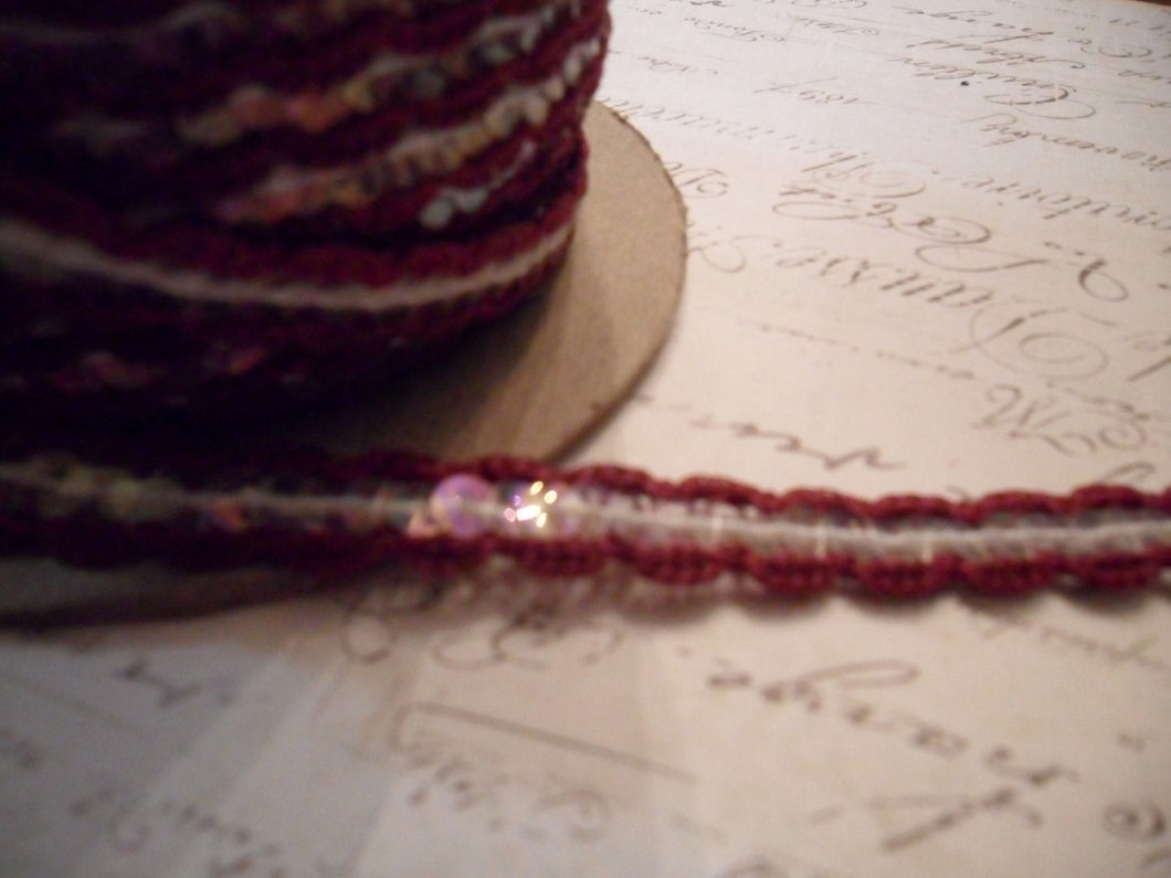 Cranberry scalloped crochet trim with irridecent sequins