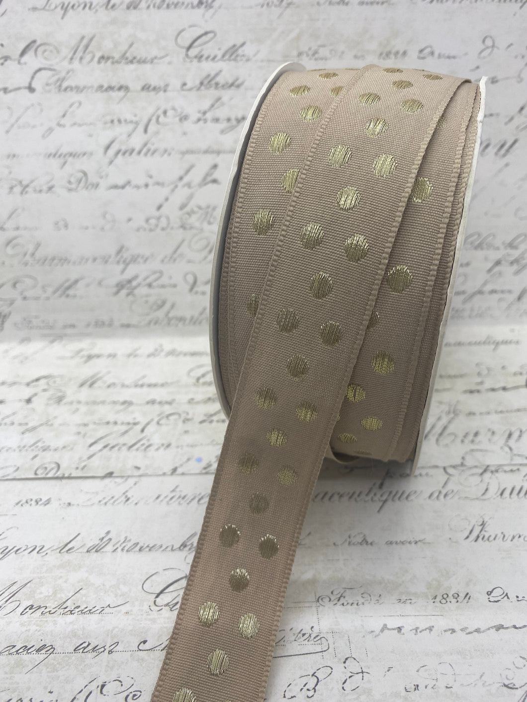 1 inch Embroidered Polka Dot Ribbon in Khaki and Gold