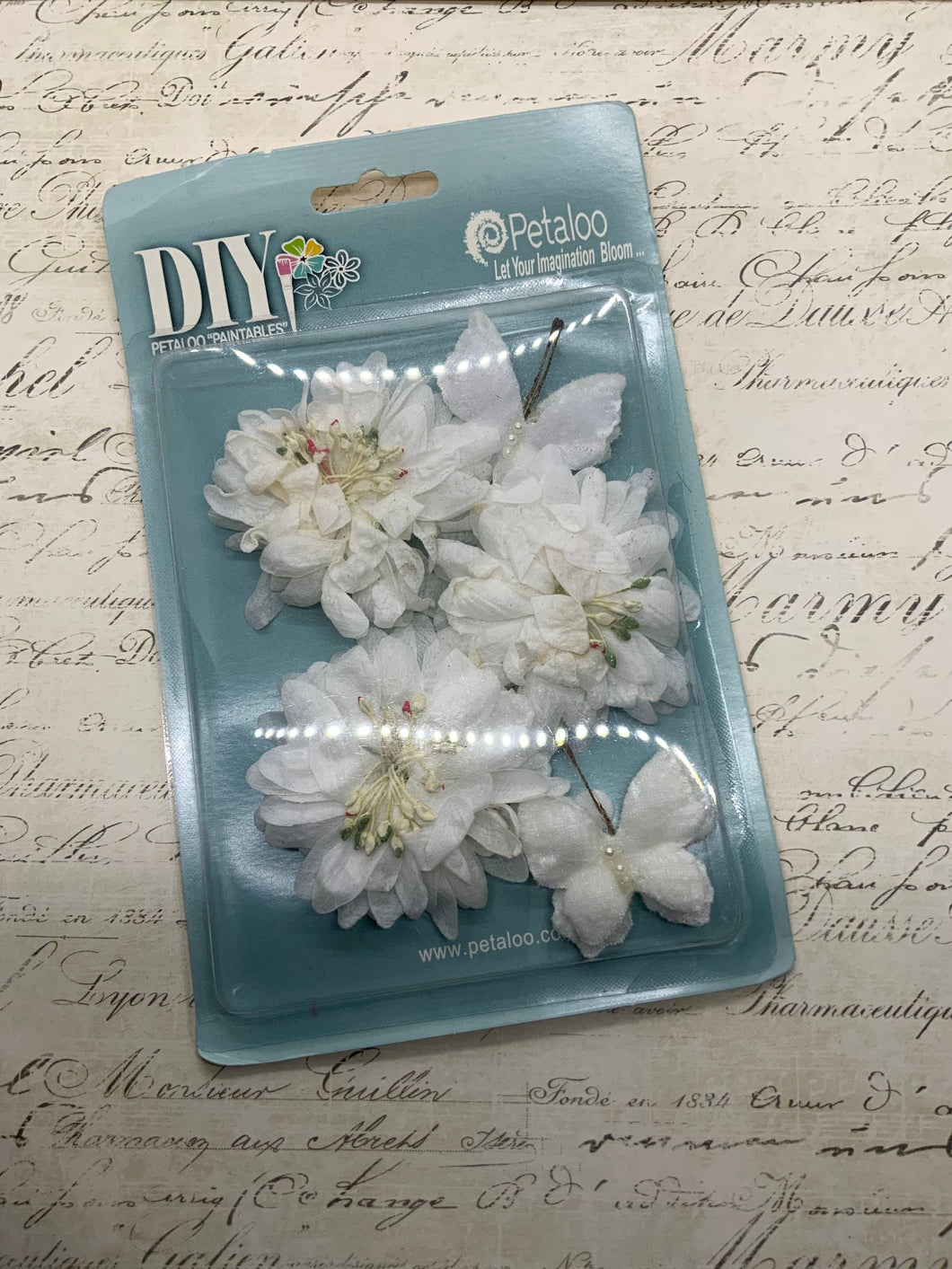 Petaloo Vintage Style Bright White Flowers and Butterflies Prima