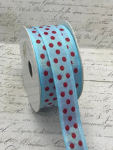 Load image into Gallery viewer, One inch wide aqua ribbon with red polka dots
