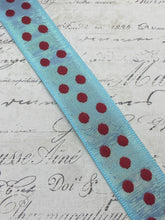 Load image into Gallery viewer, One inch wide aqua ribbon with red polka dots
