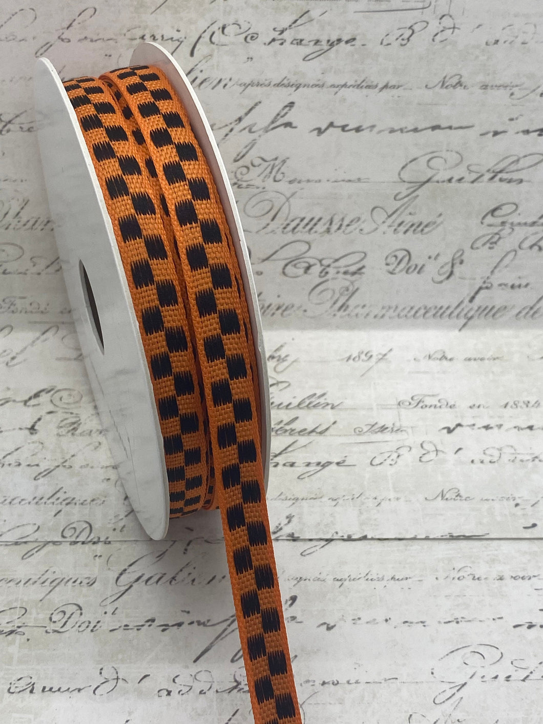 Black and Orange Woven Checkerboard Ribbon 3/8 wide