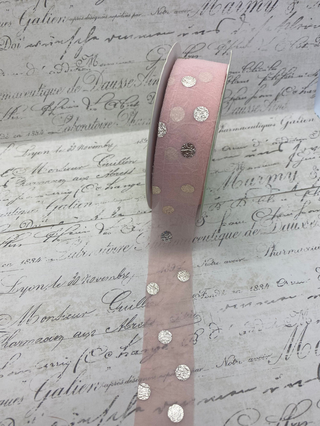 1 inch Pink Sheer Ribbon with Metallic Polka Dots
