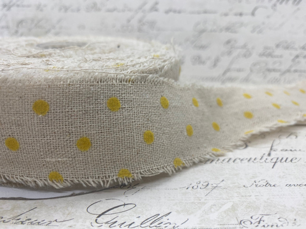 1.5 inch wide White Canvas with Yellow Velvet Dot ribbon