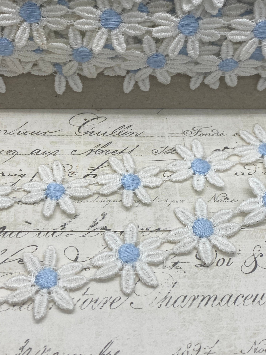 Pure White Daisy with Sky blue Centers Chain Venise Lace Trim One inch wide