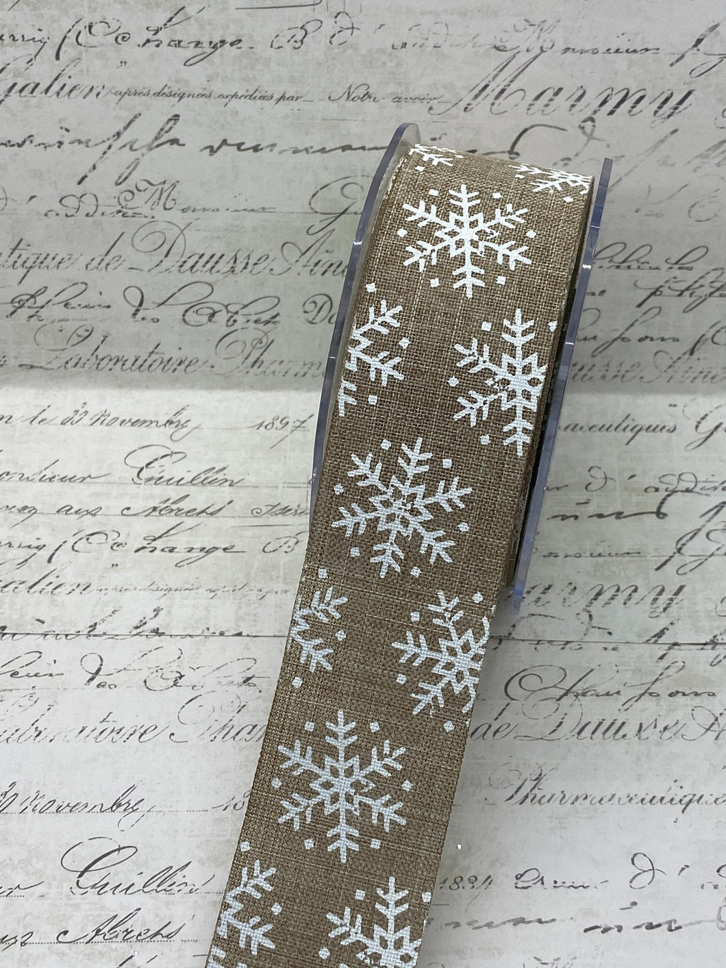 Burlap Woven Ribbon with Snowflake 1.5 inches wide