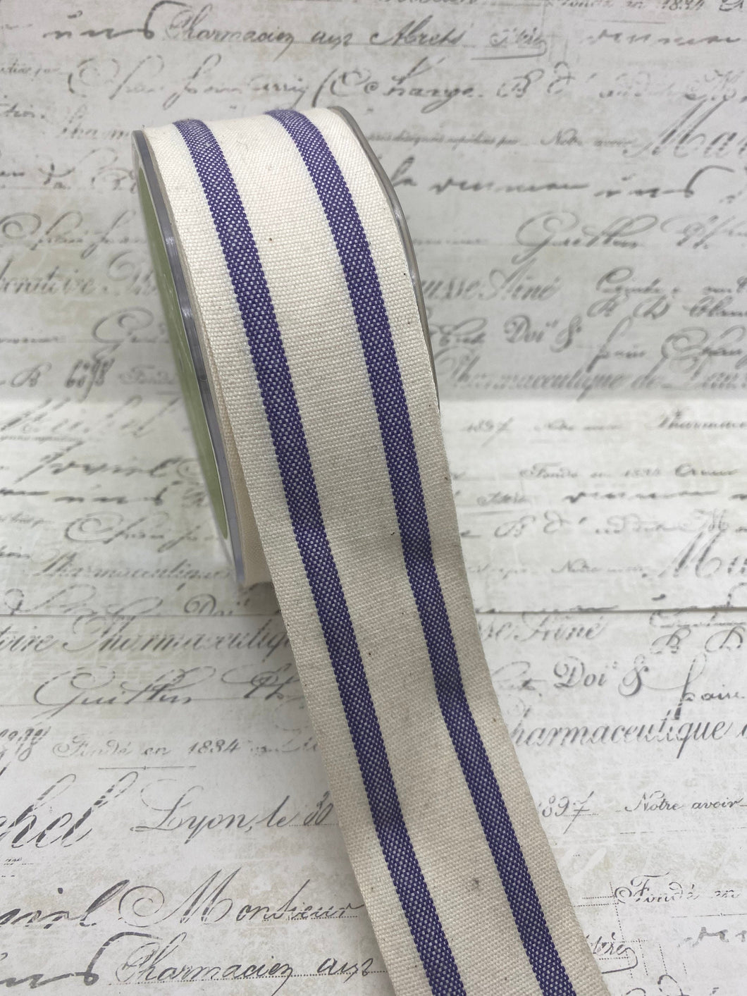 French Style Organic Cotton Natural and Violet Stripe Ribbon 1.5 inches wide