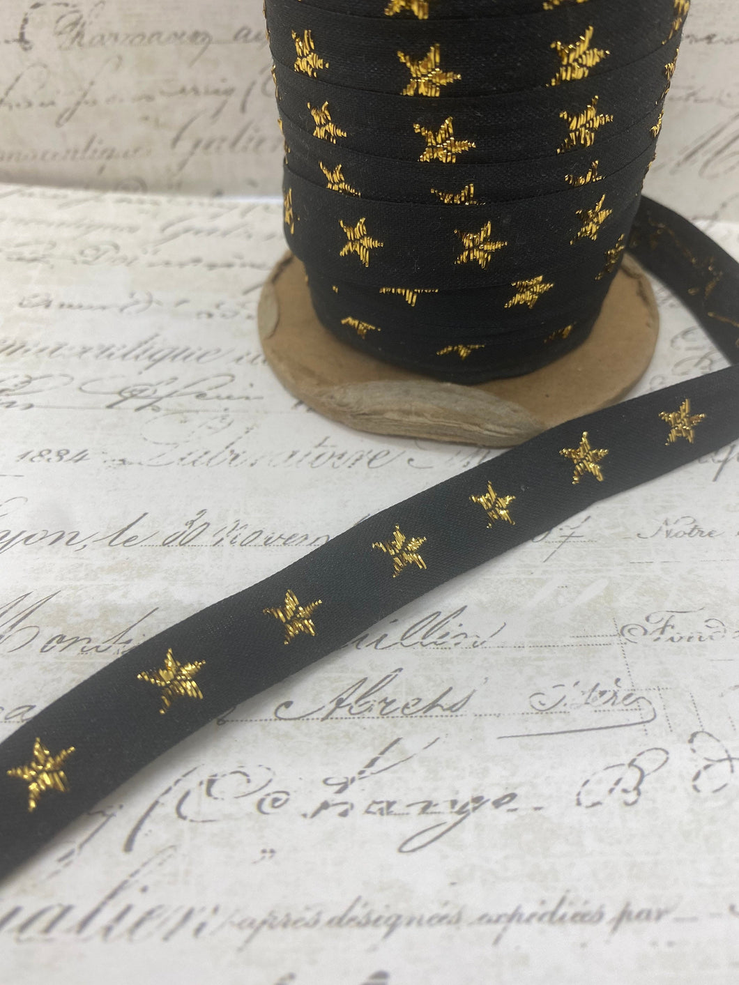 Patriotic Gold Stars on Black  3/8 inch  ribbon