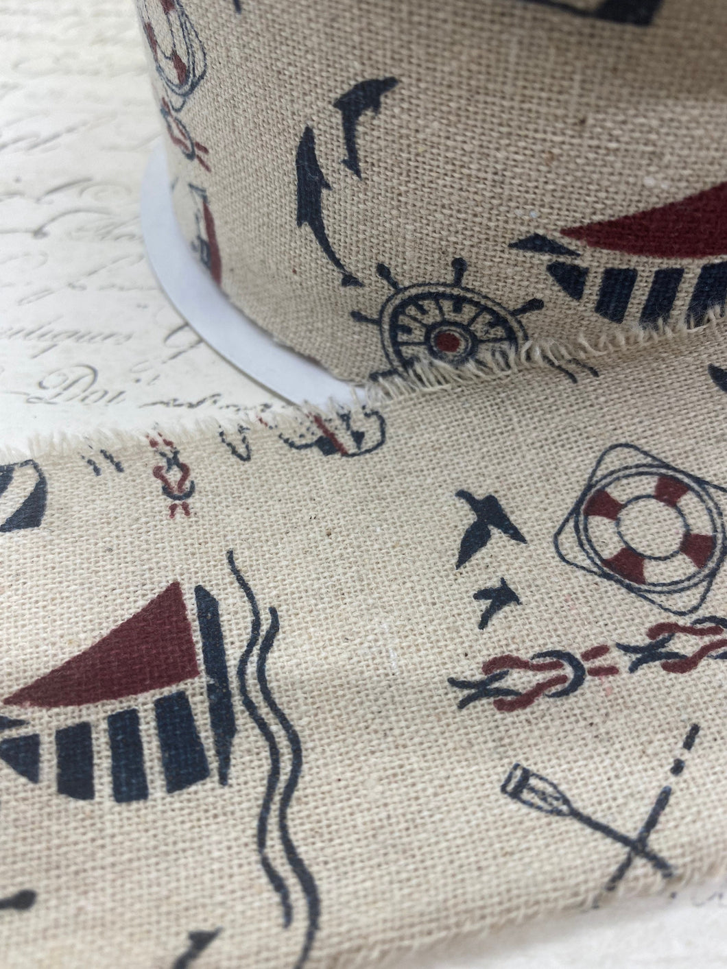Linen Nautical Printed with raw edge Ribbon 2.5 inch wide