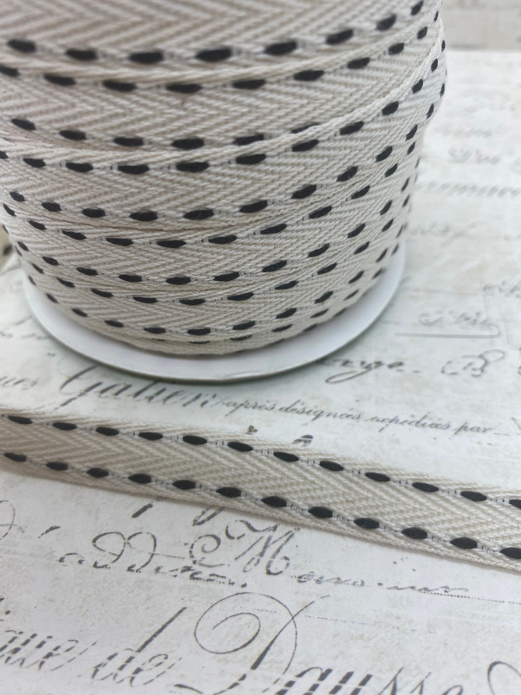 Woven Cotton Ribbon with Black Running Stitch 3/8 wide
