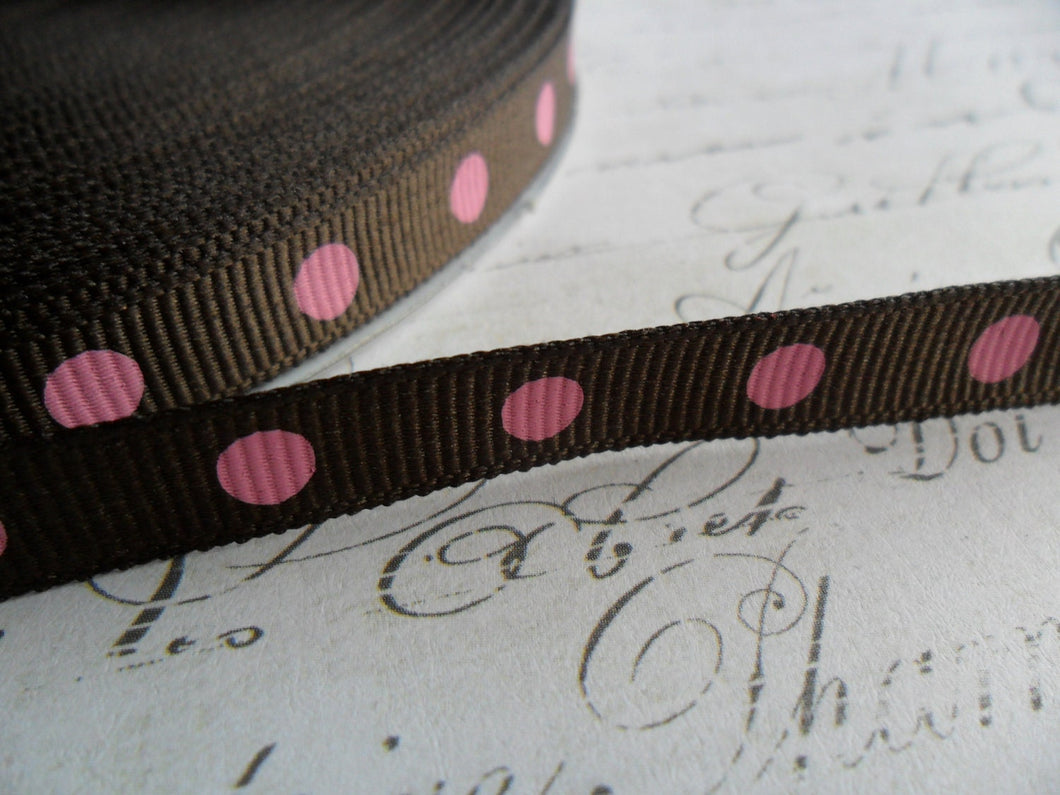 Chocolate Brown and Pink Polka Dot Grosgrain Ribbon 3/8 wide