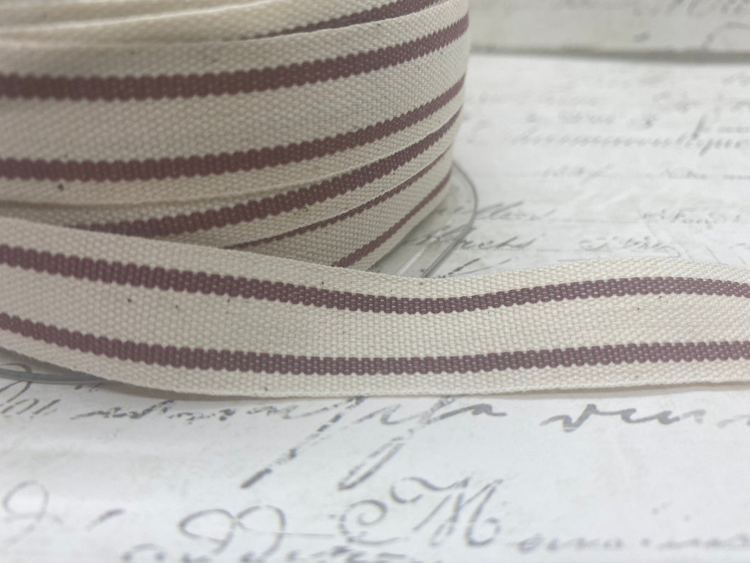 French Style Organic Cotton  Ribbon with Cabernet WineStripes 5/8 inch wide