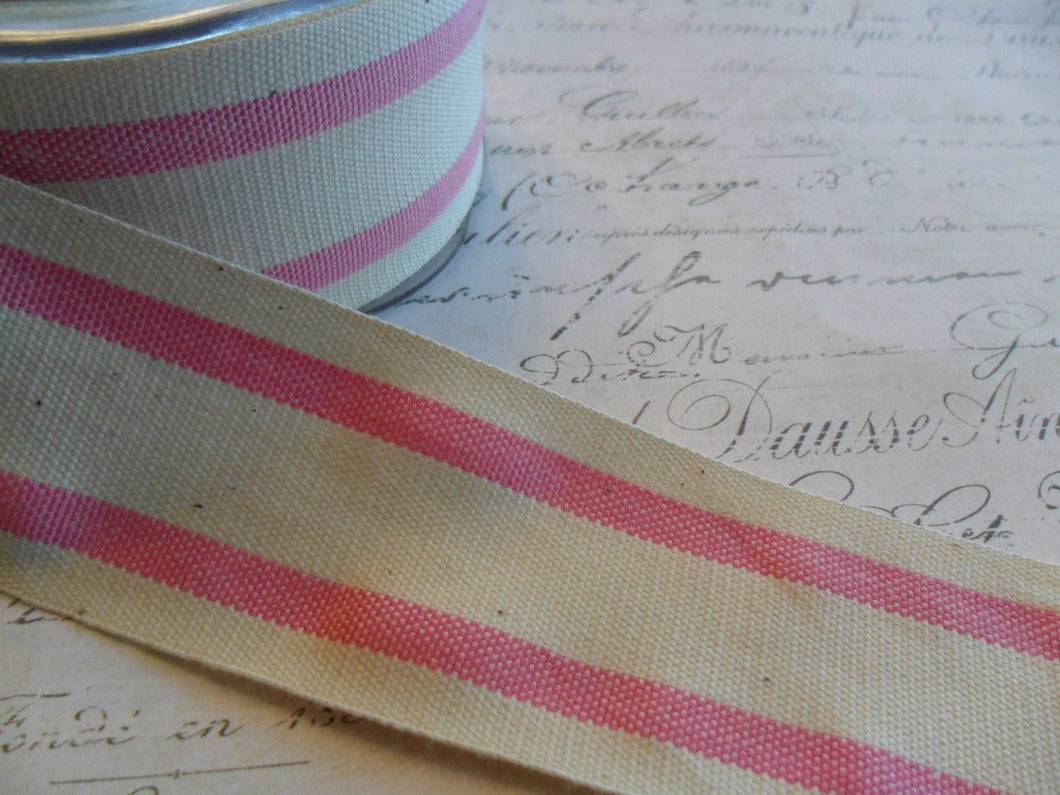 French Style Organic Cotton Natural and Pink Stripe Ribbon 1.5 inches wide