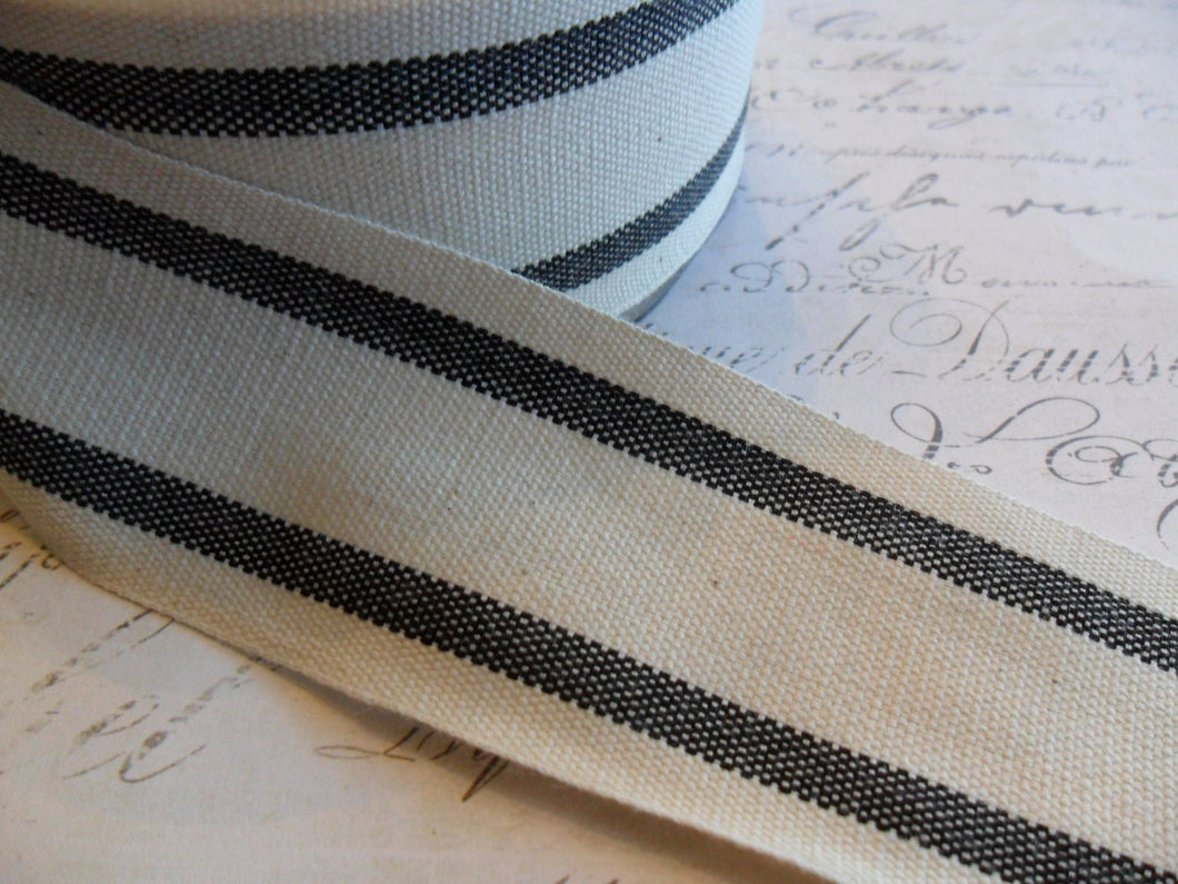 French Style Organic Cotton Natural and Black Stripe Ribbon 1.5 inches wide