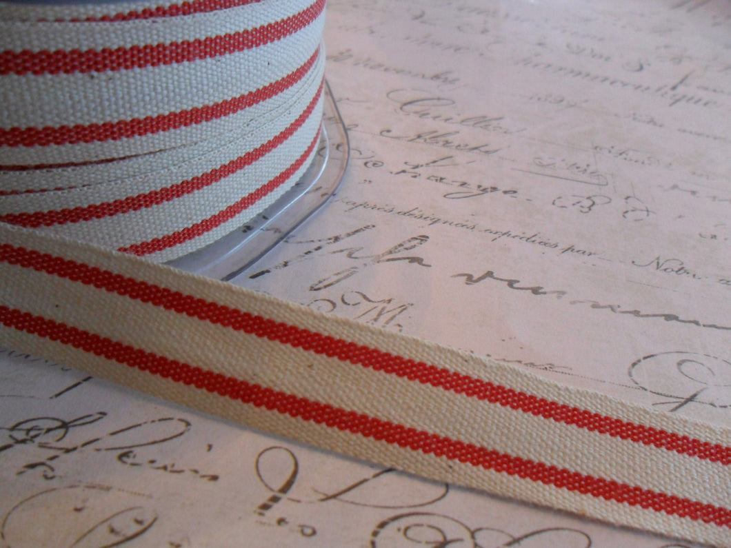 French Style Organic Cotton Natural and Red Stripe Ribbon 5/8 inch wide
