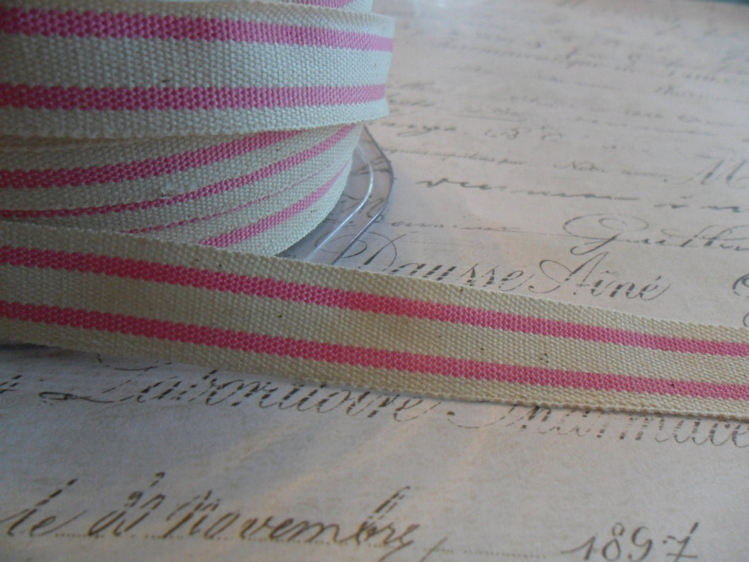 French Style Organic Cotton Natural and Pink Stripe Ribbon 5/8 inch wide