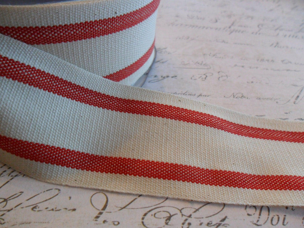 French Style Organic Cotton Natural and Red Stripe Ribbon 1.5 inches wide
