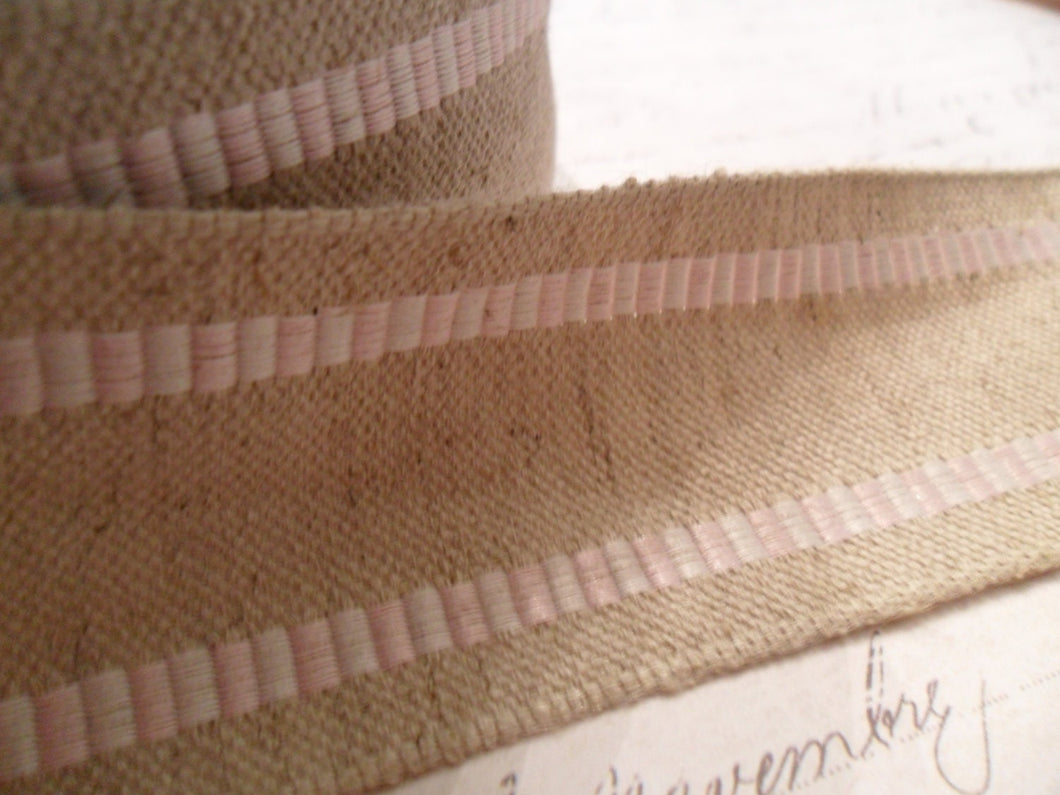 Natural Burlap and Pink woven Ribbon 1.5 inches wide with wired edge
