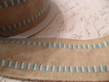 Load image into Gallery viewer, Natural Burlap and Teal woven Ribbon 1.5 inches wide with wired edge
