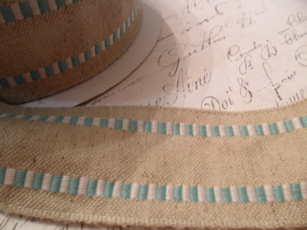 Natural Burlap and Teal woven Ribbon 1.5 inches wide with wired edge