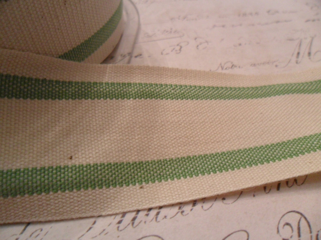 French Style Organic Cotton Natural and Spring Green Stripe Ribbon 1.5 inch wide