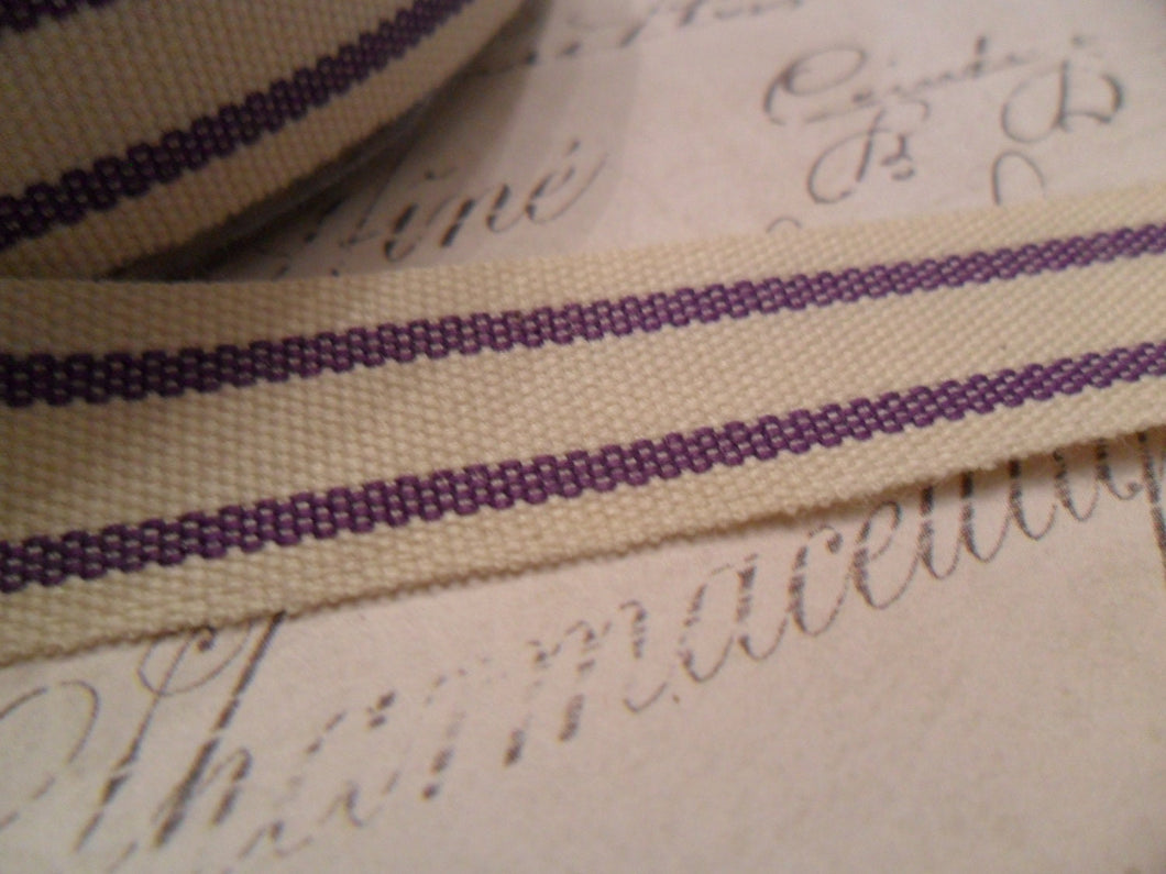 French Style Organic Cotton Natural and Concord Grape Stripe Ribbon 5/8 inches wide