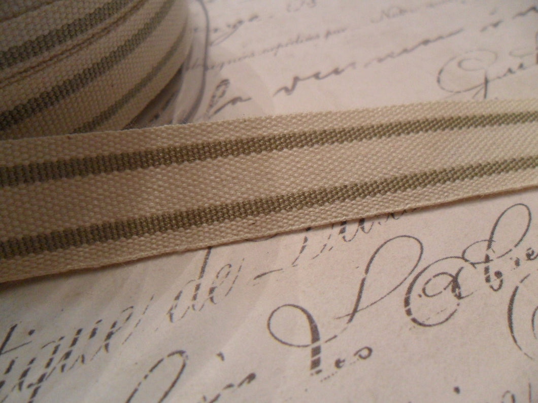 French Style Organic Cotton Natural and Khaki Stripe Ribbon 5/8 inches wide