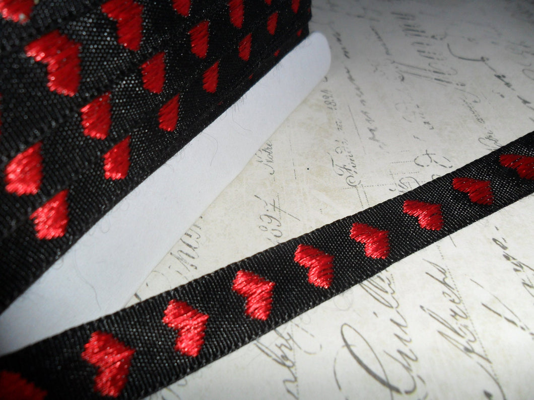 Black Woven Ribbon with Red hearts 3/8 wide
