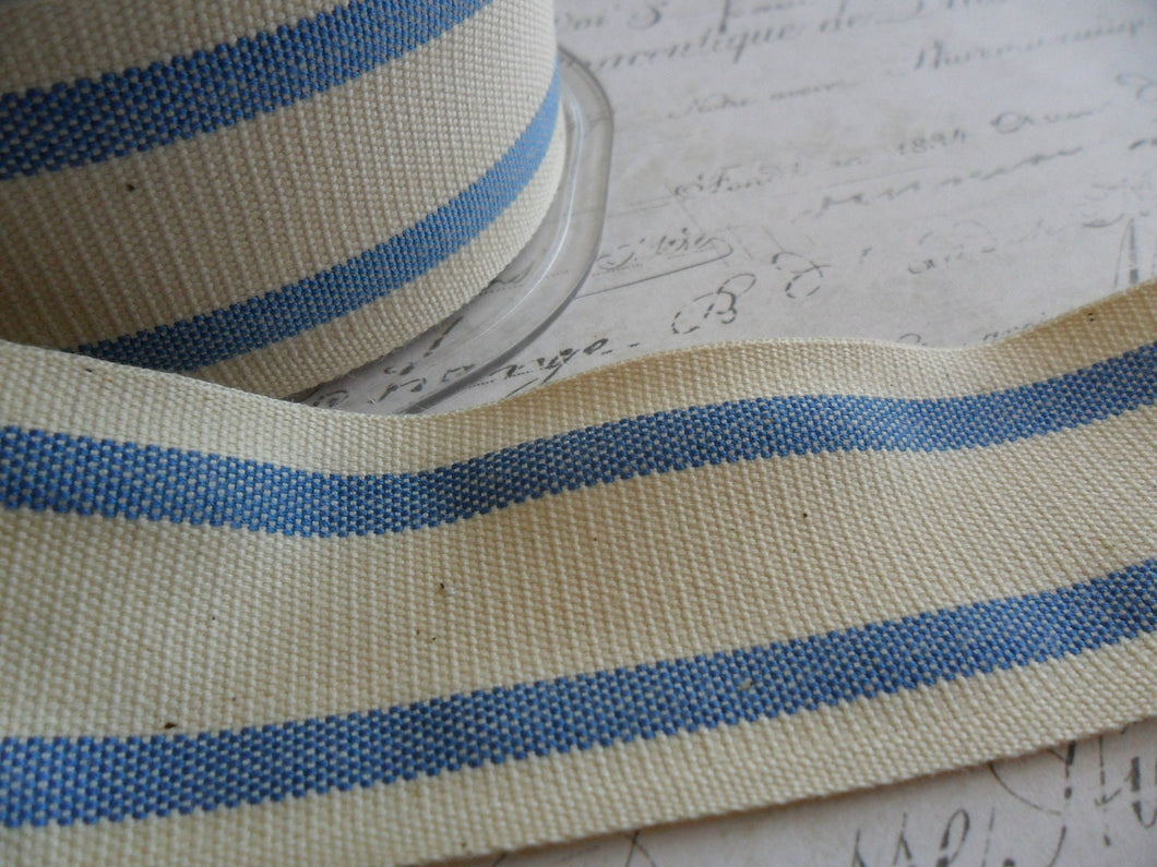 French Style Organic Cotton Natural and French Blue Stripe Ribbon 1.5 inch wide