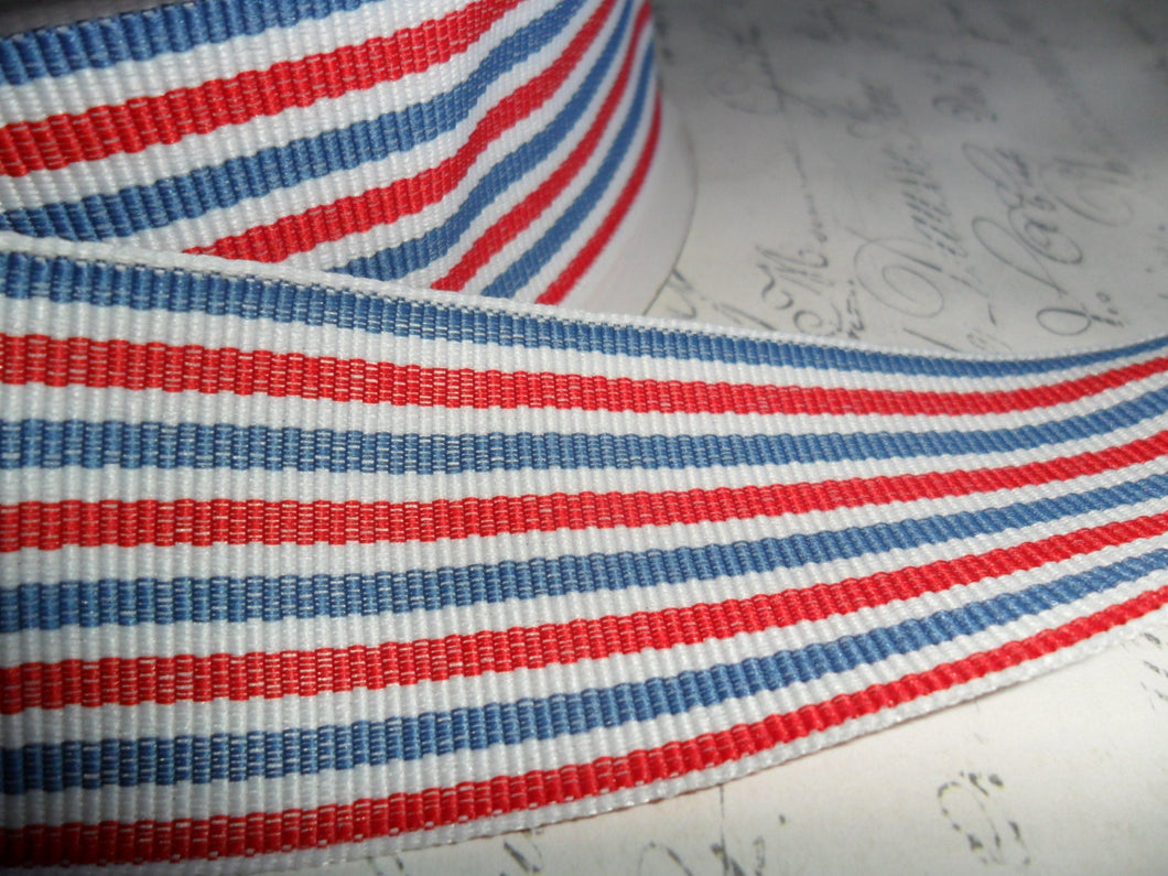 1.5 inch wide Twill Red, Whtie and Blue Woven Striped Ribbon Trim