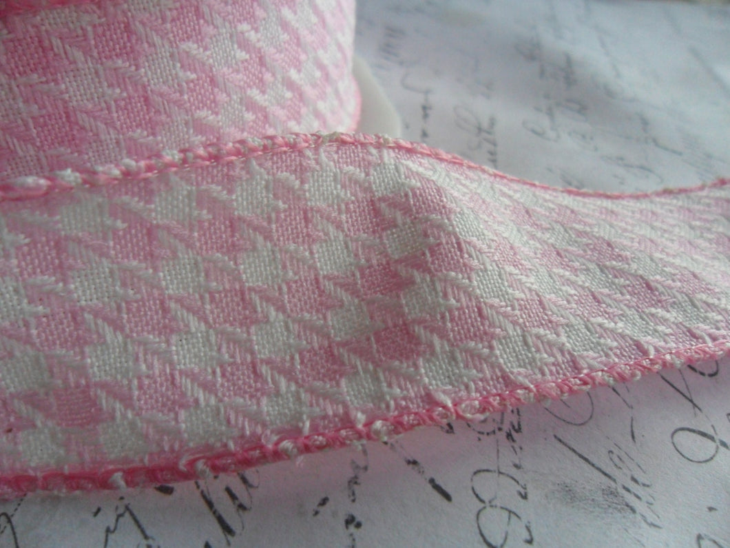 Pink and White 1.5 inch Woven Houndstooth Ribbon Trim