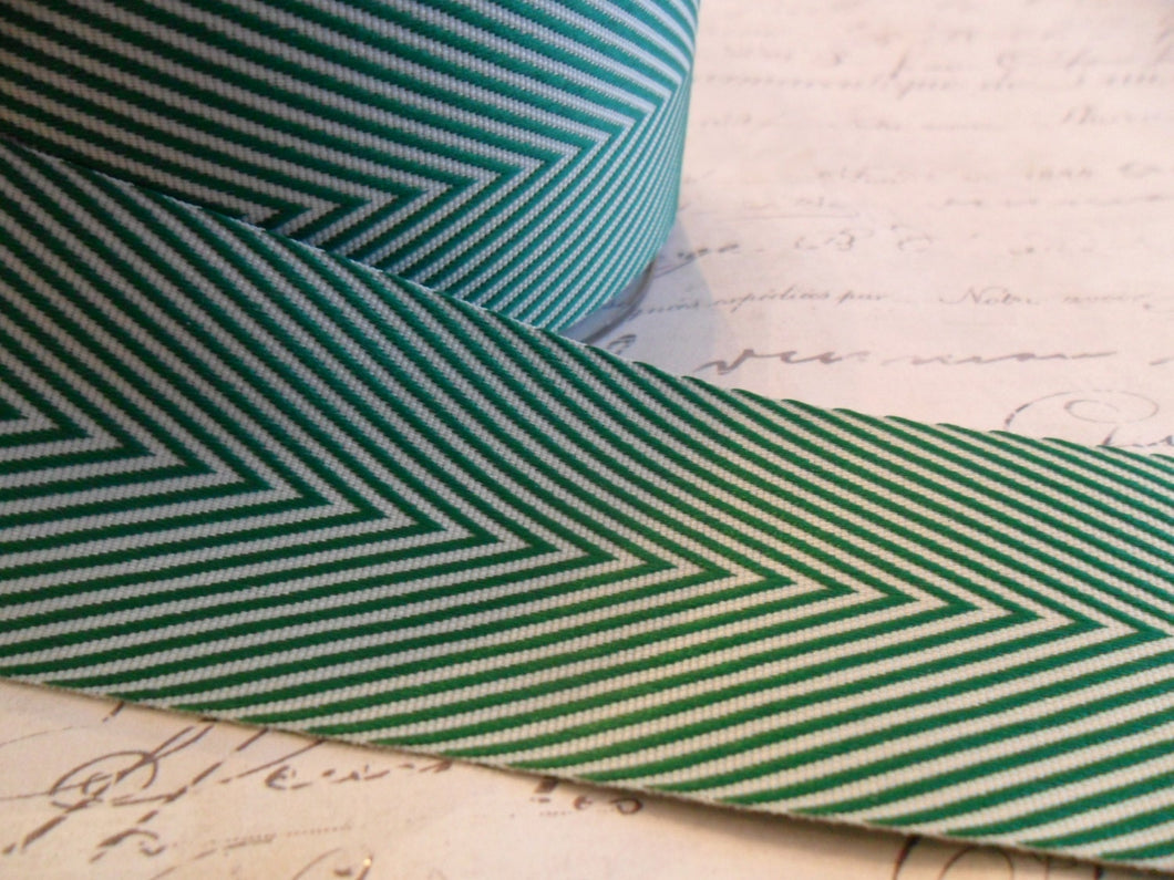 Twill Emerald Green and White 1.5 inch Woven Chevron Ribbon Trim