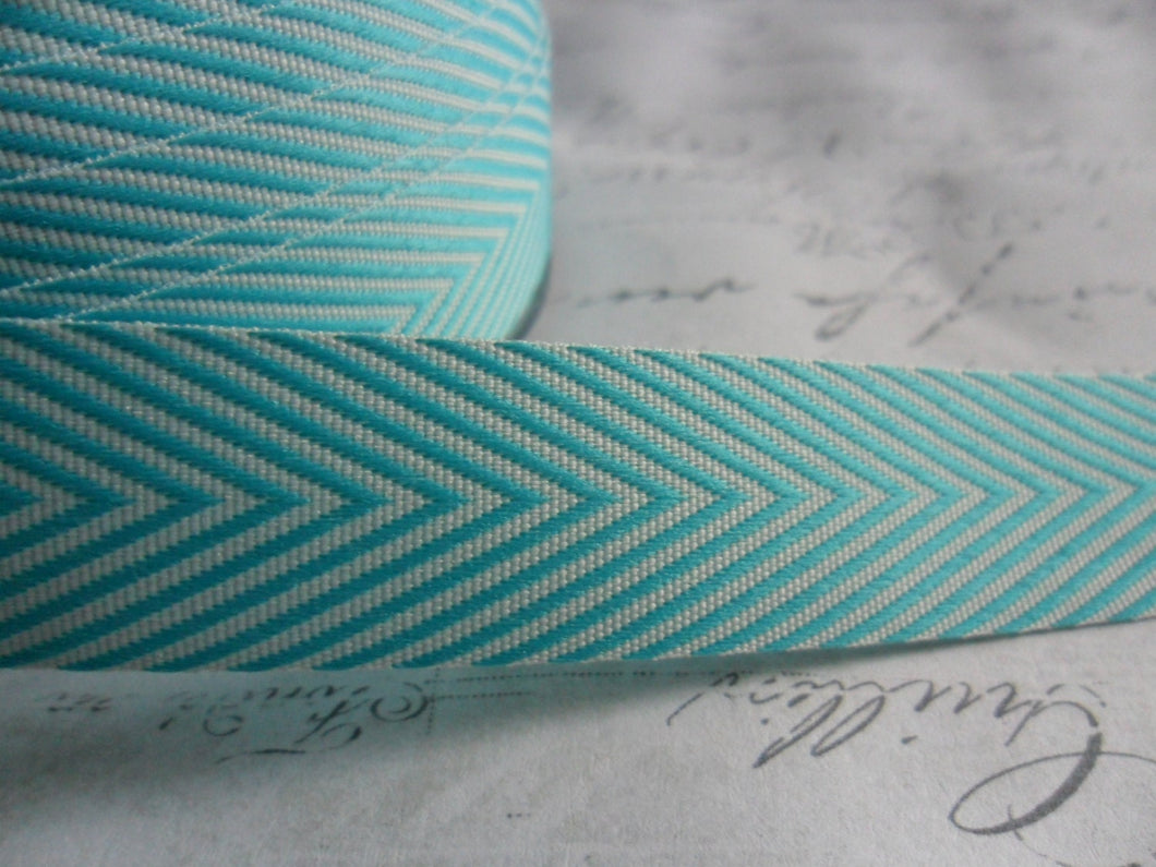 Twill Turquoise and White 3/4 inch Woven Chevron Ribbon Trim