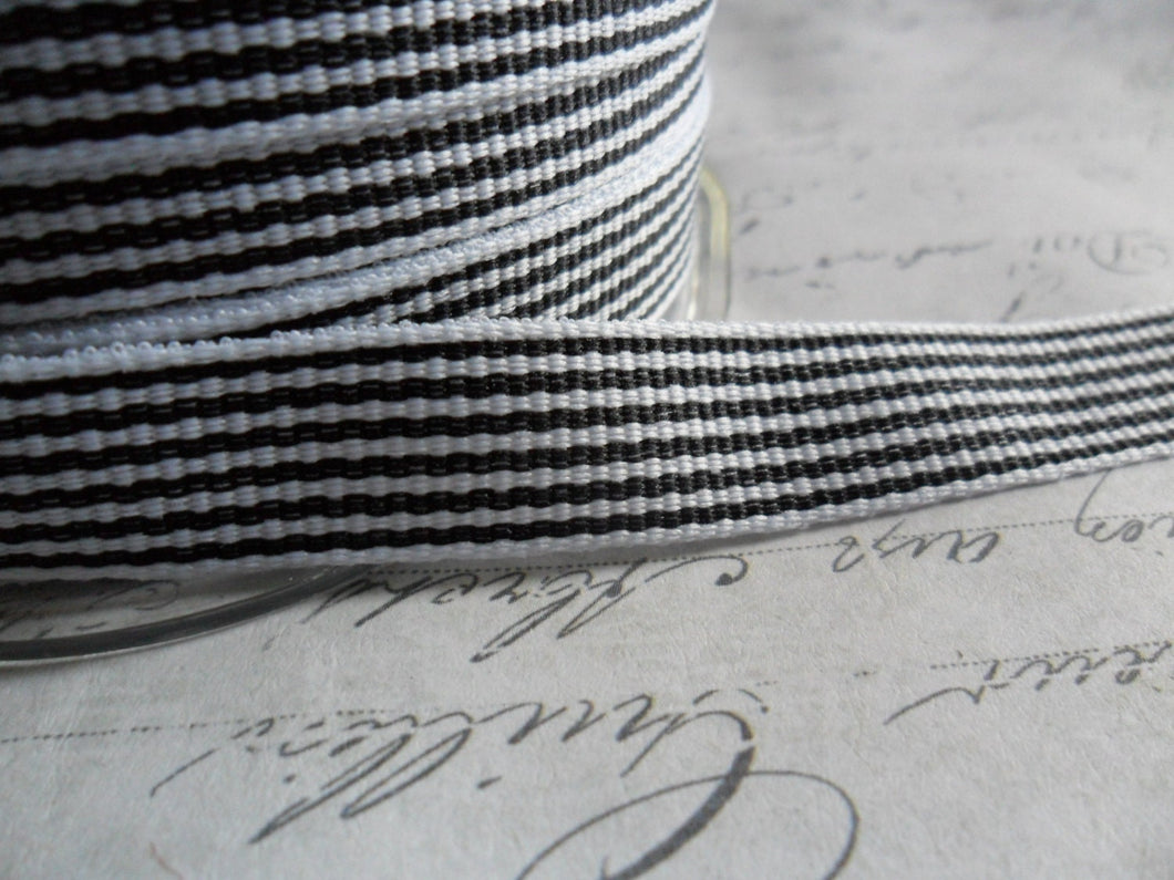 1/2 inch wide Twill Black and White  Woven Striped Ribbon Trim