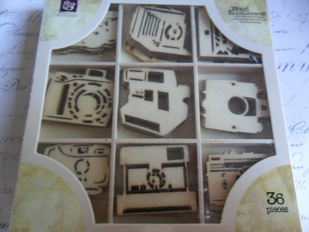 Pretty Prima Vintage Style Wood Icons in a Box....Cameras