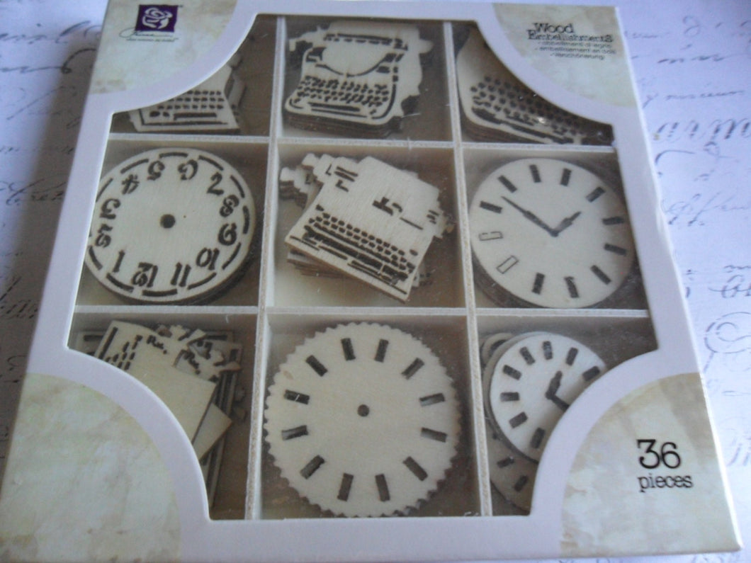 Pretty Prima Vintage Style Wood Icons in a Box....Typewriters and Clocks