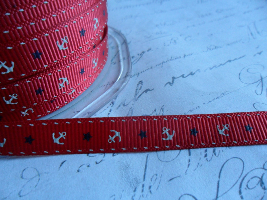 3/8 wide Anchors Away nautical print red grosgrain ribbon