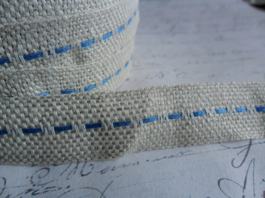 Natural Burlap woven Ribbon with French Blue Running Stitch 5/8 wide
