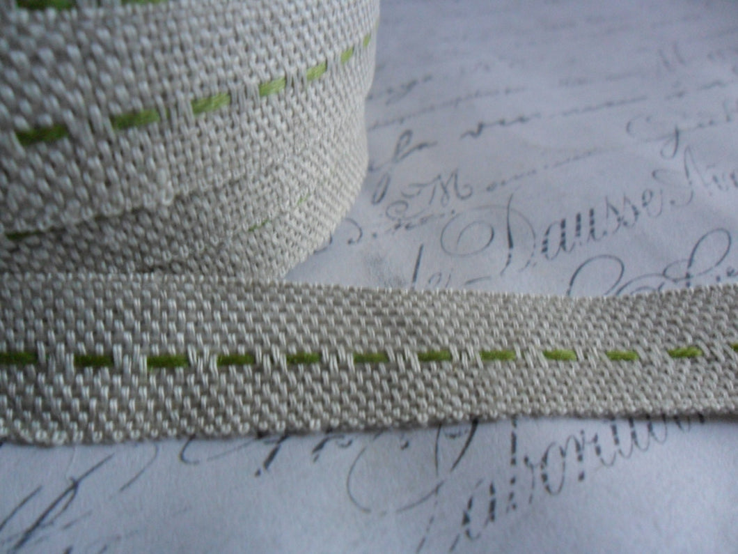 Natural Burlap woven Ribbon with Moss Green Running Stitch 5/8 wide