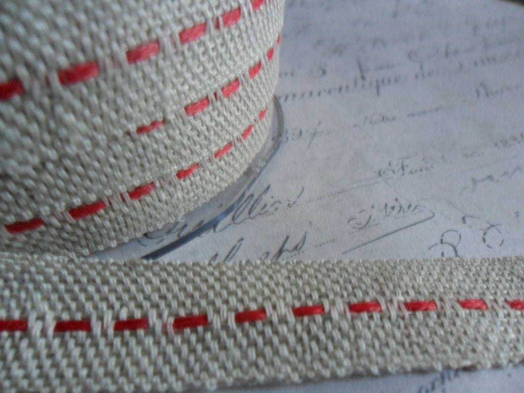 Natural Burlap woven Ribbon with Red Running Stitch 5/8 wide