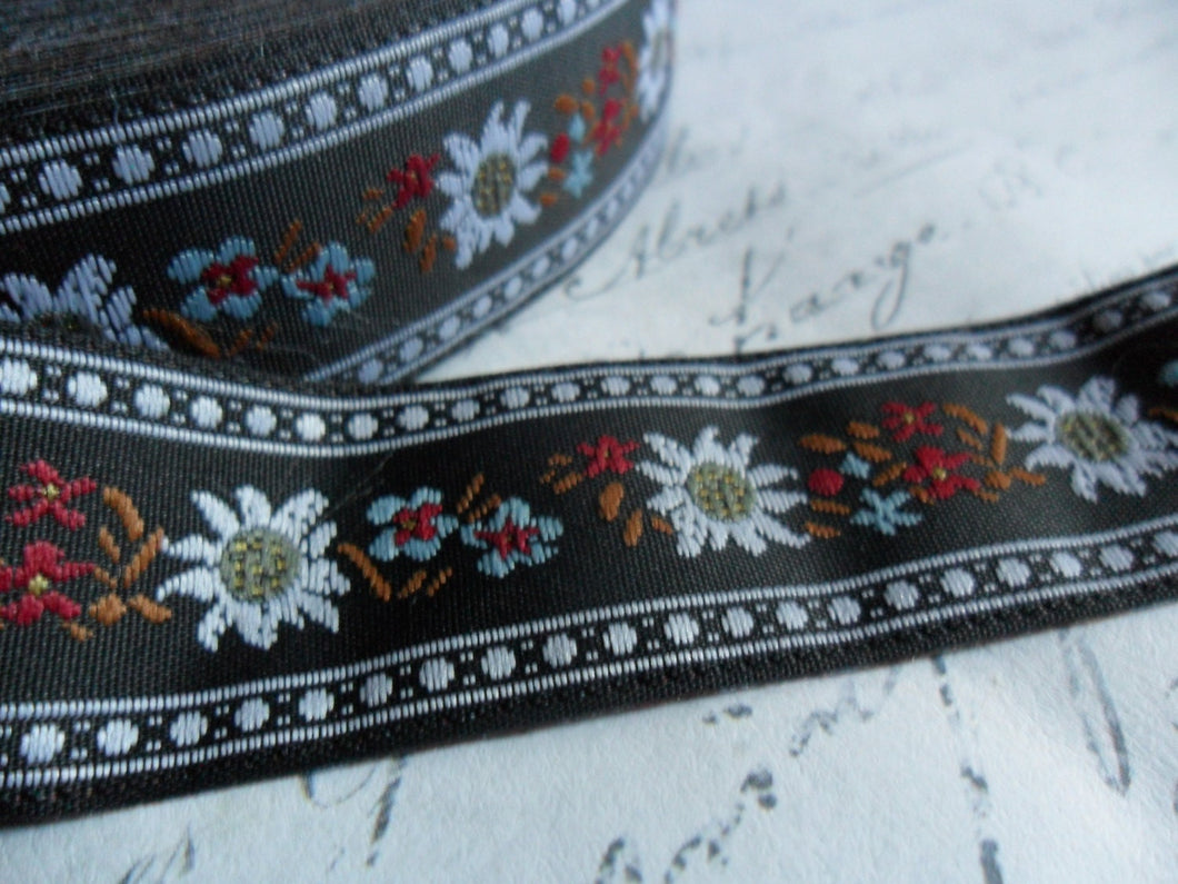 Scandinavian Style Woven Floral Ribbon Black Red White Approx 3/4 inch wide