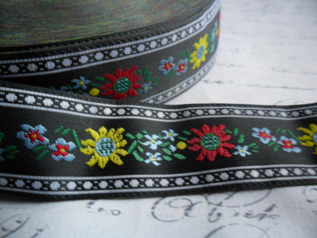 Scandinavian Style Woven Floral Ribbon Black Red Yellow Approx 3/4 inch wide