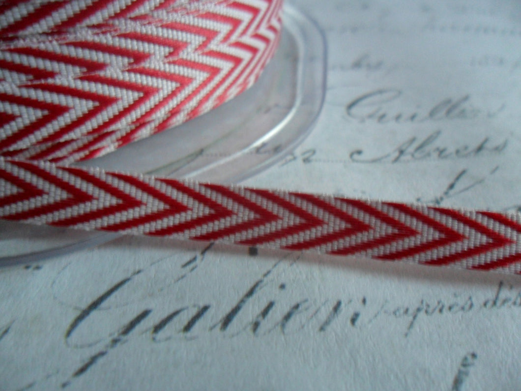Twill Red and White 1/4  inch Woven Chevron Ribbon Trim