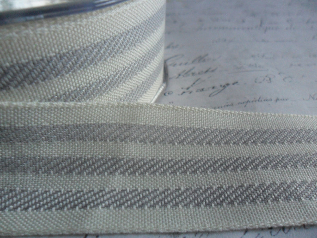 Soft Ivory and Gray Fabric Ticking Stripe Ribbon 1.5 inches wide